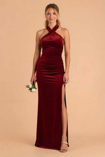 Burgundy Halter Sheath Velvet Bridesmaid Dress With Slit